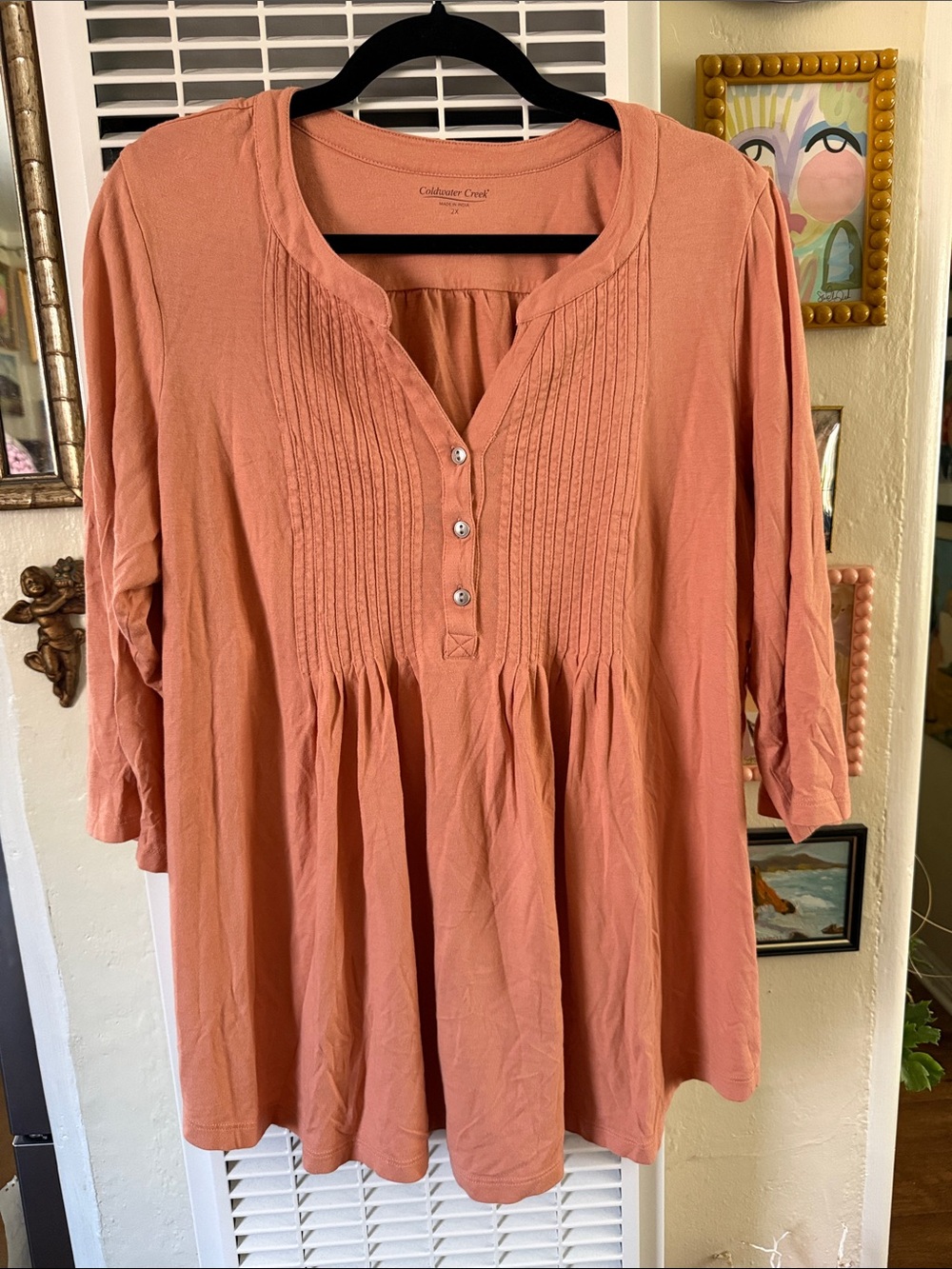 Coldwater Creek pumpkin orange pintuck henley top